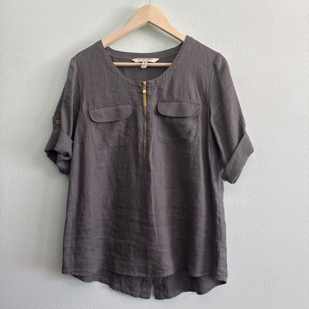 Ellen Tracy Gray 100% Linen Top Relaxed Tunic Shirt Roll Tab‎ Sleeves Zipper Med